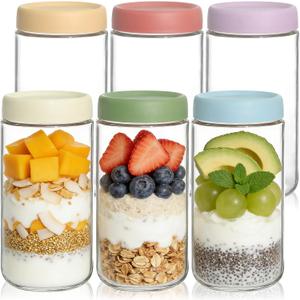 KEYWING 6-Pack 24oz Glass Overnight Oats Jars Wide Mouth Mason Jars with Airtight Lids, Glass Food Containers for Chia Pudding, Oatmeal, Yogurt, Snacks & Meal Prep