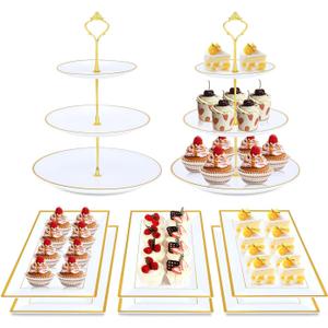 DI QIU REN 8PCS Cake Stand Set, Plastic Cupcake Stands with Gold Rim, Dessert Display Stands Set for Wedding Birthday Party Baby ShowerTea Party