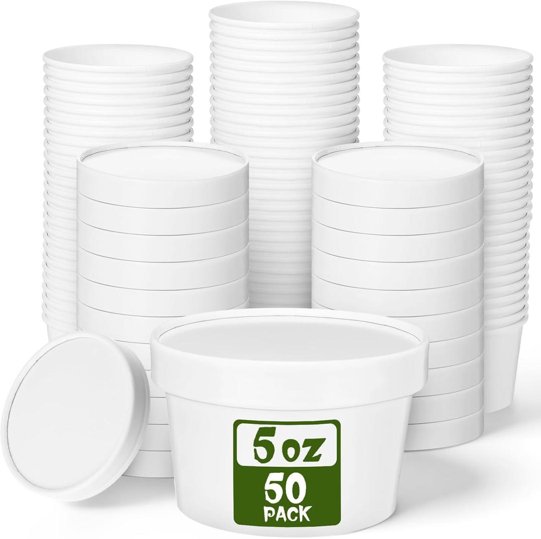 Fulmoon 50 Pack 5 oz Paper Soup Containers with Lids, Disposable Kraft Paper Soup Cups Ice Cream Bowls Food Storage with Lids, Microwavable and Freezer Safe(White)