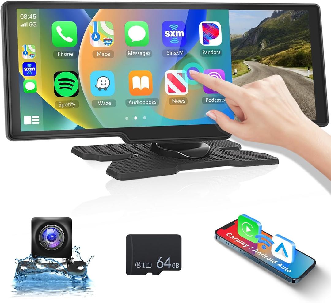 10.26" HD Wireless Carplay Android Auto Screen for Car, Portable Touchscreen Car Stereo with 1080P Backup Camera Mirror Link GPS Navigation Bluetooth FM AUX Voice Control TF Card for All Vehicles