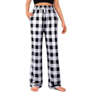 Womens Pajama Pants Comfy Plaid Lounge Pants Casual Stretch Sleepwear Bottoms with Pockets (Black)