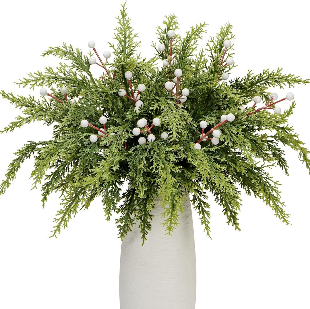 40 Pcs Artificial Pine Branches with Berry Pick, 12.5 Inch Christmas Greenery Picks Foliage Sprigs Fake Cedar Stems for Xmas Vase Filler DIY Crafts Garland Wreath Home Decor (40, White Berry)