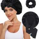 100% Mulberry Silk Bonnet for Women Hair Bonnet for Sleeping with Hair Scrunchy Elastic Tie Band Night Cap (Black)