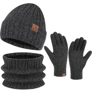 Men's Winter Knit Beanie Hat Touchscreen Gloves Neck Scarf Warmer Set, Warm Skull Cap with Fleece Lined Gifts for Men