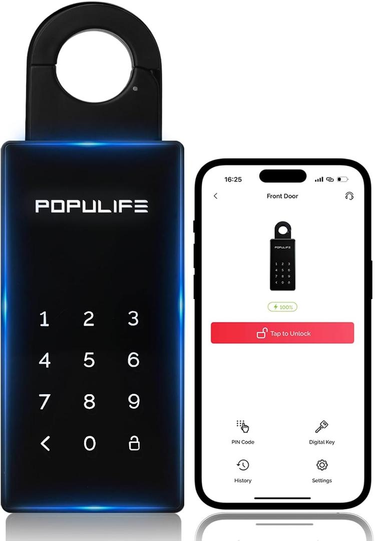 Populife Smart Key Lock Box for Outside, Wireless Lock Box for House Keys, Hide a Key Outdoor, Electronic Digital Lockbox for Realtor Airbnb Smart Bluetooth Lockbox, Work Offline