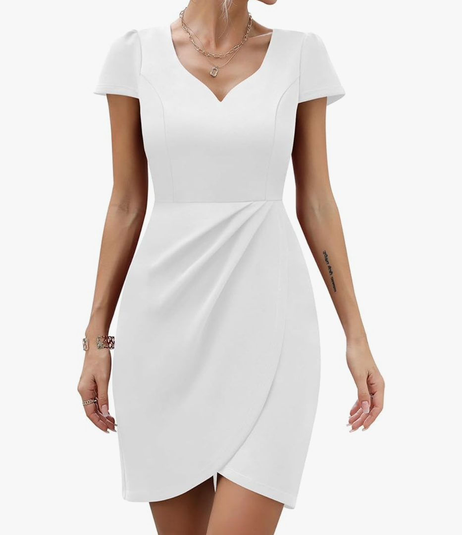 Missufe Women's Short Sleeve Sweetheart Ruched Fitted Wrap Mini Summer Party Formal Dress M