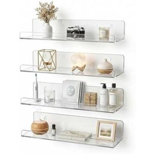 cerbass 4-Pack Clear Acrylic Floating Shelves, Space-Saving Invisible Wall Shelves for Bathroom Kitchen Office Living Room, Modern Decor Set