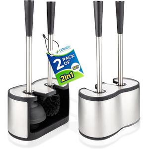 UMIEN 2 Pack Toilet Brush and Plunger Set 18-in - Updated 2025 No-Rust - Stainless Steel Design - Long Handles - with Freestanding Canister (Satin Nickel)