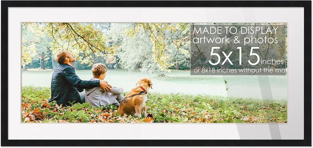 5x15 Black Wood Frame with White Mat | Matted 8x18 to 5x15 | UV Acrylic Shatter Guard, Foam Board Backing, Wall Hanging Hardware - Solid Pine