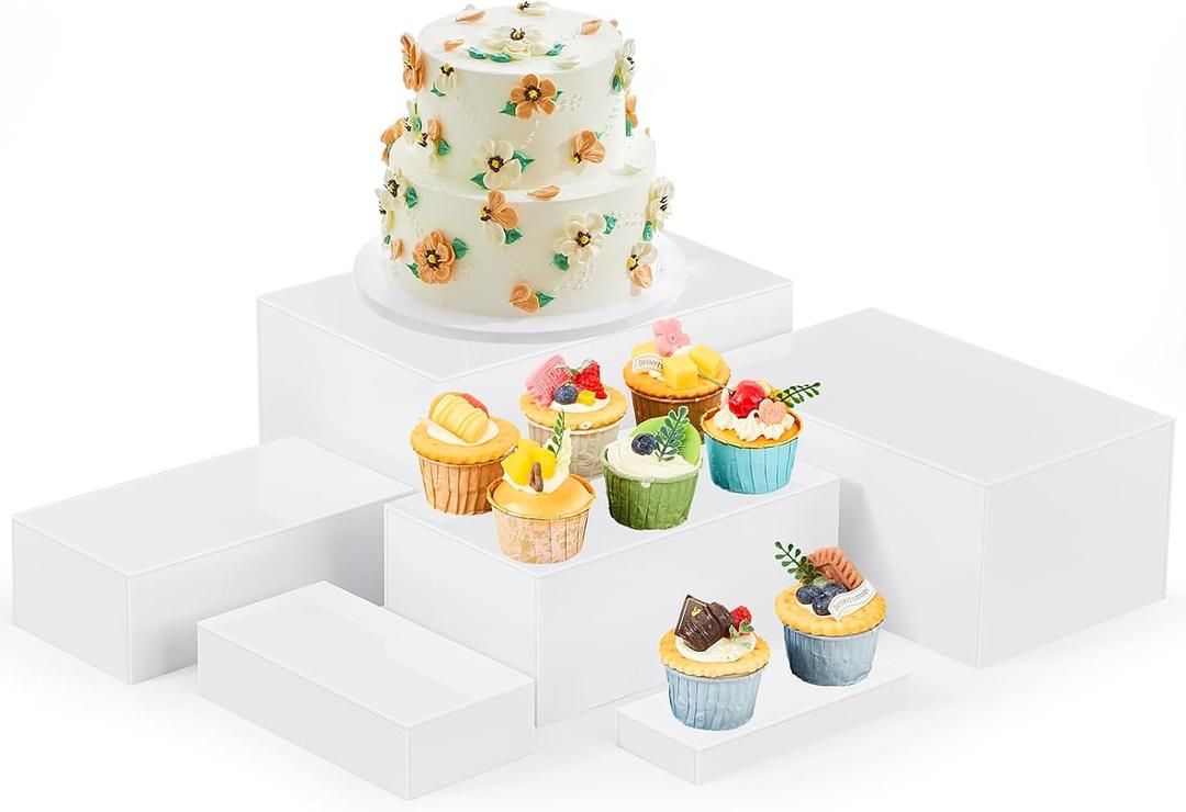 Leinuosen 6 Pcs Large Buffet Risers, 7 to 12 Inch Catering Dessert Table Risers Food Decorative Stands with hollow bottom for Catering Supplies, Party(White, Rectangle)