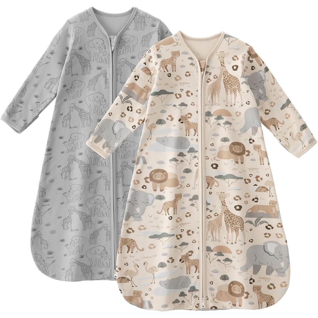 Unnivoll Baby Sleep Sack 12-18 Months 100% Cotton Long Sleeve Wearable Blanket Baby Sleep Bag with 2-Way Zipper 2 Pack 0.5 Tog Sleeping Sack for Newborn Infant Apricot Gray Elephant