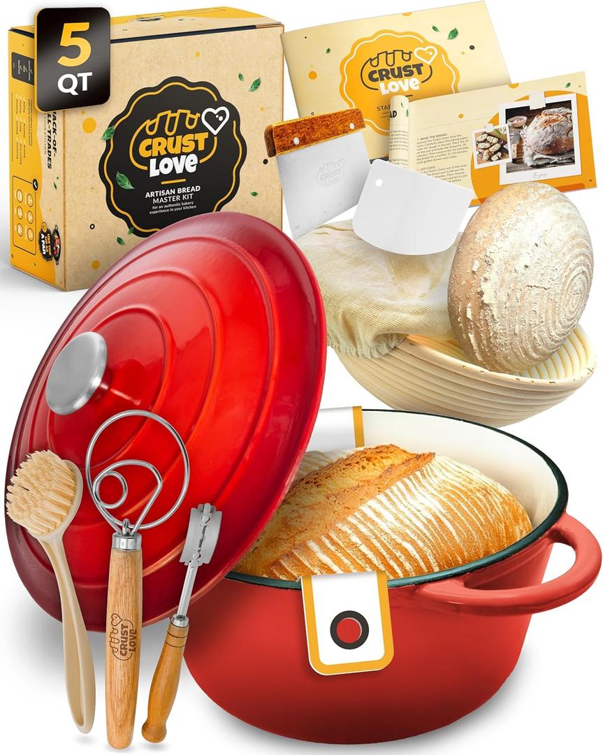Dutch Oven for Bread Baking - incl. Sourdough Bread-Baking Supplies like Banneton Bread-Proofing Basket - 5QT Enameled Cast Iron Bread-Oven with Lid, Bread-Pan Sour Dough Starter Kit (Red)