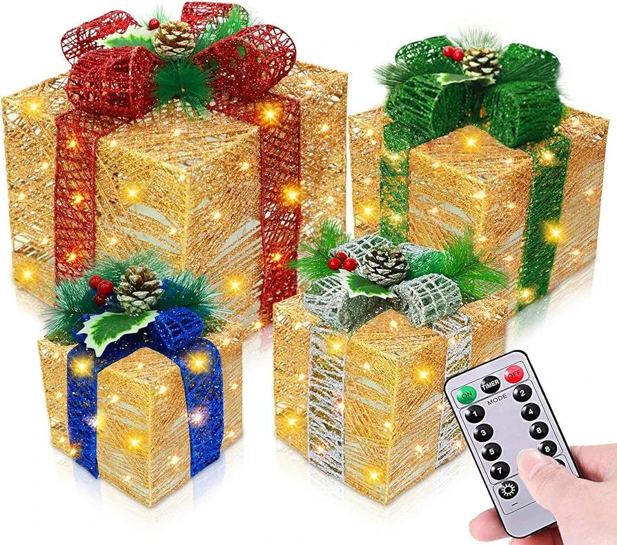 [ Super Large 12"-10"-8"-7" ] 4 Pack Lighted Gift Boxes Christmas Decorations 70 LED Timer 8 Modes Remote Battery Operated Gold Glitter Xmas Present Box Christmas Tree Decor Indoor Outdoor Home Yard