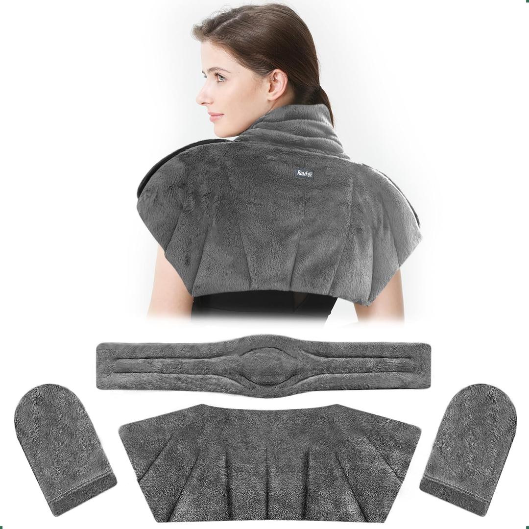 Romfox 4-in-1 Detachable Microwavable Heating Pad for Back, Neck, Shoulder and Waist - Modular Moist Heat Pack for Body Pain Relief - Reusable Hot & Cold Therapy Set