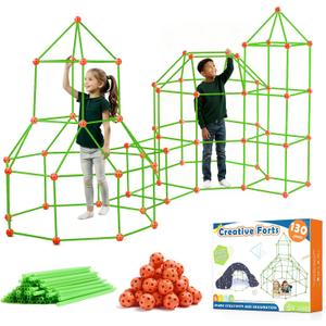 Tiny Land Fort Building Kit Creative Fort Indoor Outdoor for 5-12 Years Old Boys and Girls STEM Building Toys with Storage Bag DIY Castles Tunnels with 86 Rods and 44 Balls (130PCS, Orange-green)
