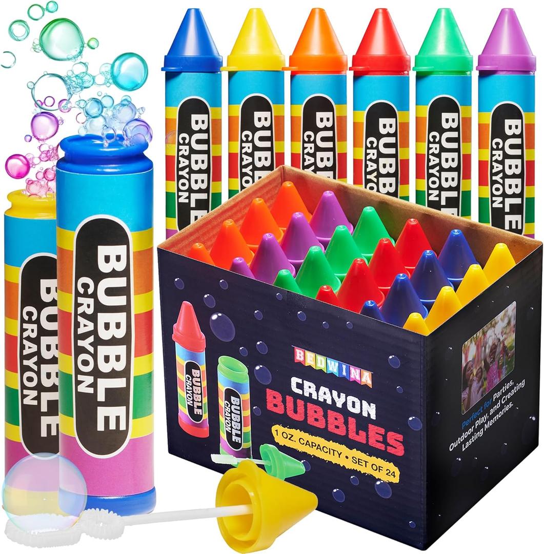 Mini Crayon Bubbles for Kids - (Pack of 24) Bulk 1 Fl Oz Bottles with Wands - Crayon Shape Bubbles in Bright Assorted Colors - Non-Toxic Mini Outdoor Party Favor Toys, Goodie Bags for Spring & Summer