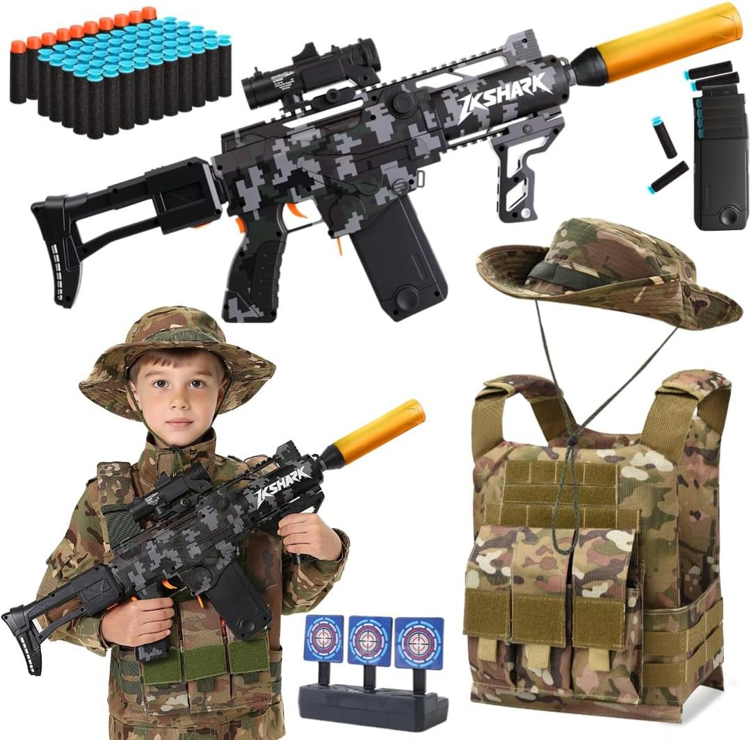 Kids Soft Bullet Gun Set with Tactical Vest, Camouflage Hat, 150 Foam Darts & Target - Outdoor Soldier Role Play Toy for Boys Age 8+