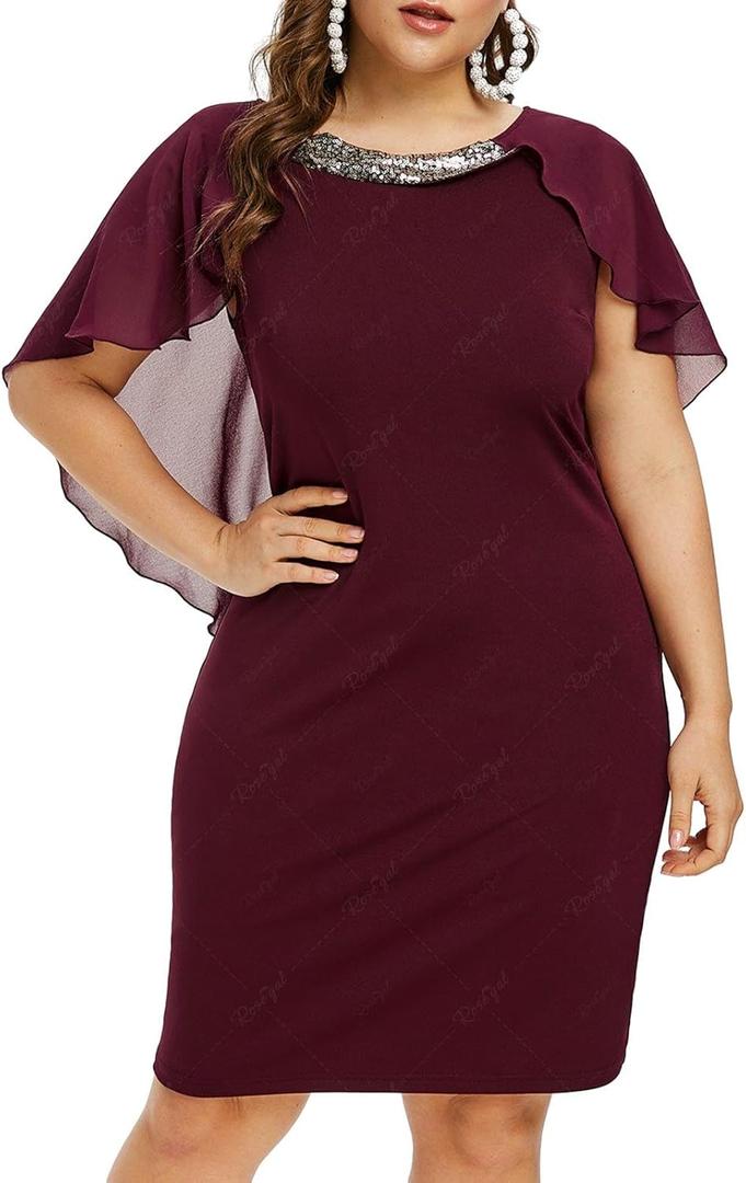 ROSE GAL Rosegal Plus Size Womens Sequins Chiffon Overlay Bodycon Pencil Cape Dress for Wedding Cocktail Party Evening M