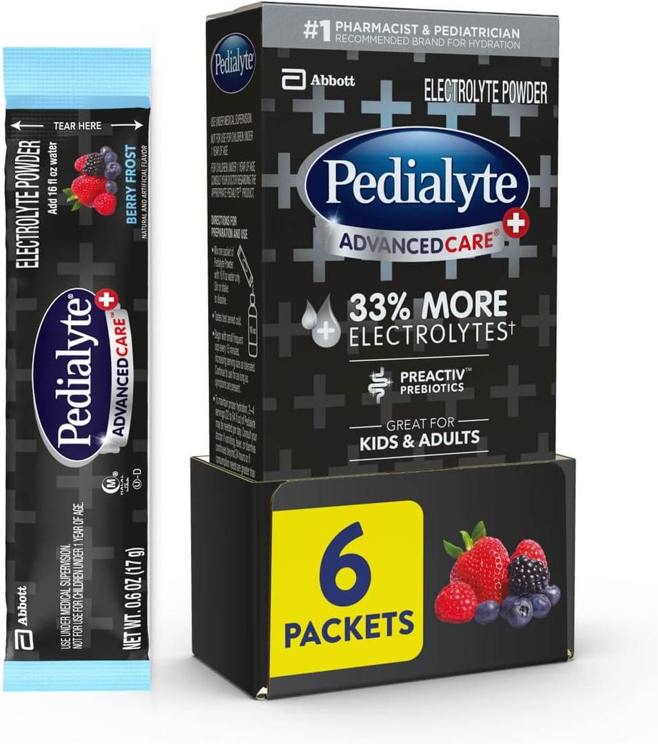 Pedialyte AdvancedCare Plus Electrolyte Powder, Has 33% More Electrolytes and PreActiv Prebiotics, Berry Frost, 6 Powder Packets, Best By: 12/01/2026