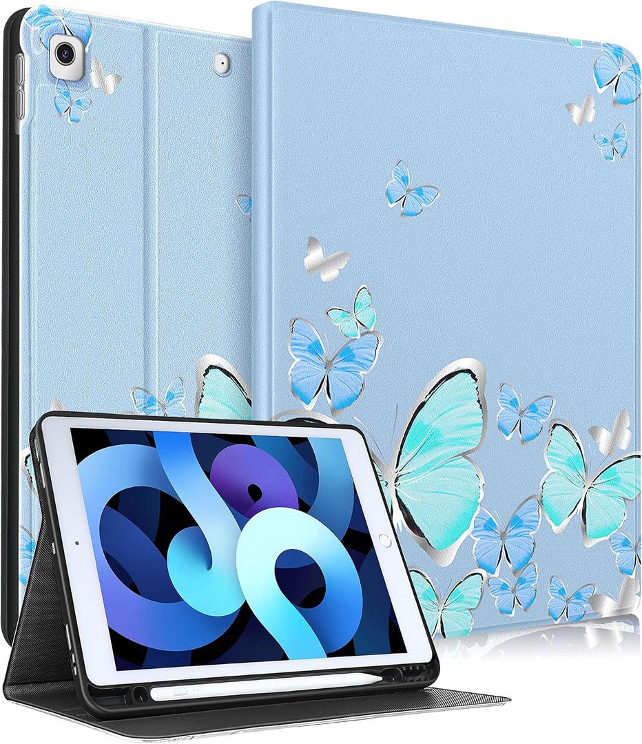 for iPad 9th/8th/7th Generation Case 10.2 Inch Girls Cute Women Folio Smart Cover Pencil Holder Blue Butterfly Aesthetic Design Girly Teens Unique Cases for iPad 7/8/9 Gen A2602 A2270 A2197