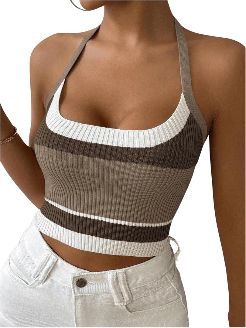 SweatyRocks Women's Striped Halter Tops Sleeveless Slim Fit Knit Cropped Tank Tops Brown, Large