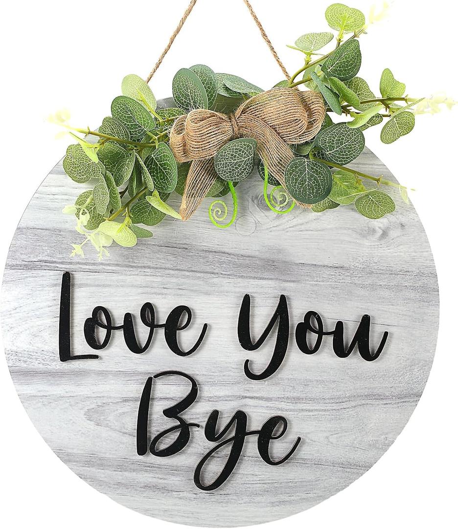 Lineshading Farmhouse Front Door Sign 11.8 Inch Round Wood Porch Decor Love You Bye Rustic Wreath Wall Hanging All Seasons Entryway Home Decoration(White)