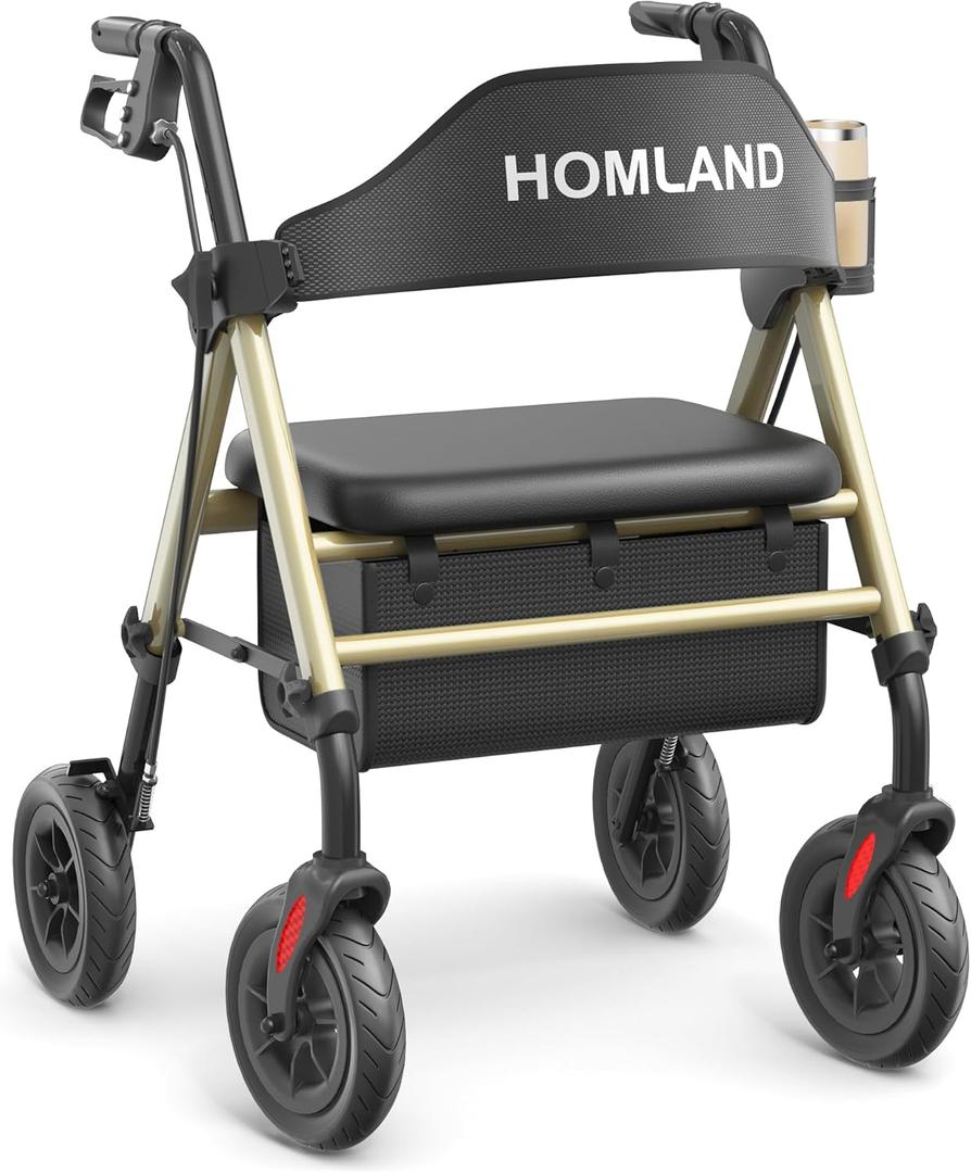 Walkers for Seniors with Seat, Foldable Rollator Walker, Reinforced Aluminum Frame, 8" Big Rubber Wheels for All Terrain, Height Adjustable Lightweight Rolling Walker (400 Pound, Champagne)