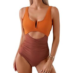 HXN Women's One Piece Swimsuit Tummy Control Bathing Suit Color Block Cutout Slimming Swim Suit Swimwear 2025 Size L
