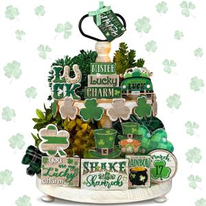 Ferraycle 16 Pcs St. Patrick's Day Tiered Tray Decor Set Shamrock Gnome Truck Wood Sign Rustic Irish Theme Table Centerpiece Tabletop for Home Table(Clover)
