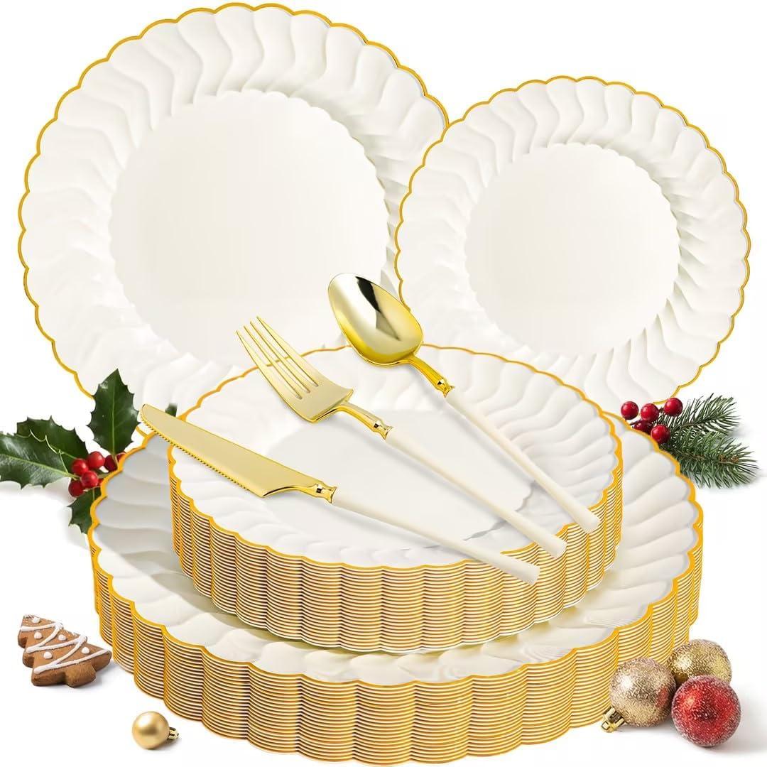HOMIP 150PCS Ivory Plates with Gold Disposable Silverware - Include 60 Scalloped Plastic Plates, 30 Knives, 30 Forks, 30 Spoons Elegant & Lightweight for Weddings, Birthdays, Parties
