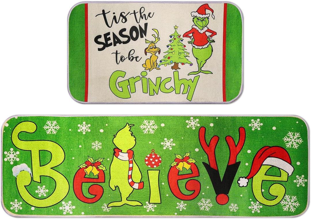 Christmas Decorations Indoor Christmas Kitchen Bathroom Door Mat Non Slip and Washable Winter Rubber Santa Snowflakes Door Mat for Outdoor Indoor 16x28 and 16 * 48Inch (Green)