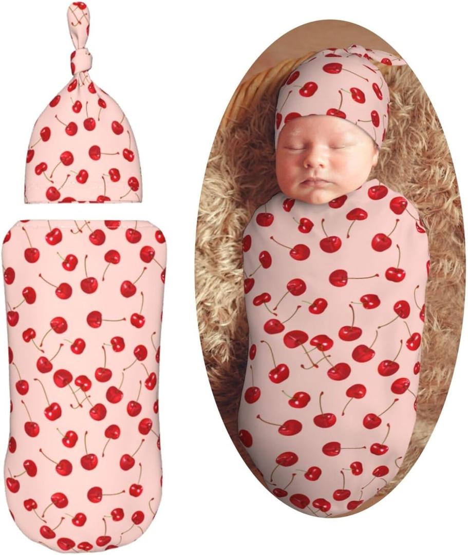 Red Cherrys Newborn Swaddle Blankets Hat Sets Soft Baby Receiving Blanket Swaddle Sack for Baby Shower Infant Boy Girl Gift