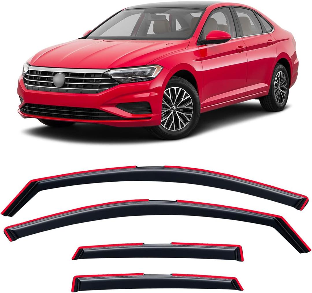 in-Channel Rain Guards for Volkswagen (VW) Jetta 2019-2026, Window Visor Shields Vent Deflector Shade Wind Dark Smoke 2020 2021 2022 2023 2024 2025 19 20 21 22 23 24 25 26, Tape-On Inside-Mount, 4PCS