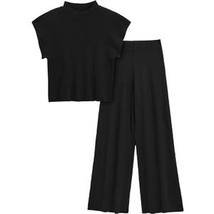 Imily Bela Women's 2 Piece Outfits Sweater Knit Sets Mock Neck Short Sleeve Tops Wide Leg Pants Casual Tracksuit (Large, Black)