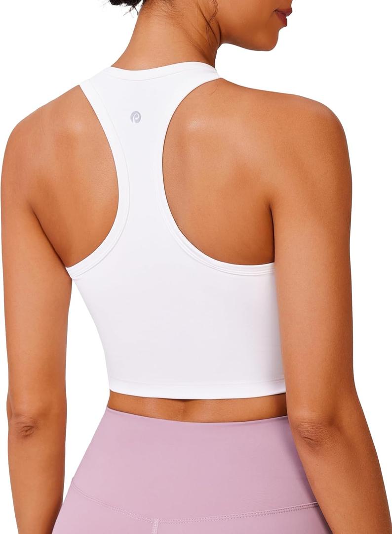 PINSPARK Racerback Crop Tank Tops for Women Longline Padded Sports Bra Scoop Neck Workout Yoga Top (X-Large, White)
