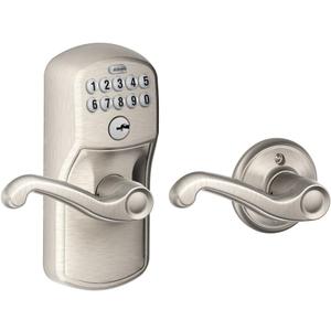Schlage FE575 V PLY 619 FLA Plymouth Keypad Entry with Auto-Lock and Flair Levers, Satin Nickel
