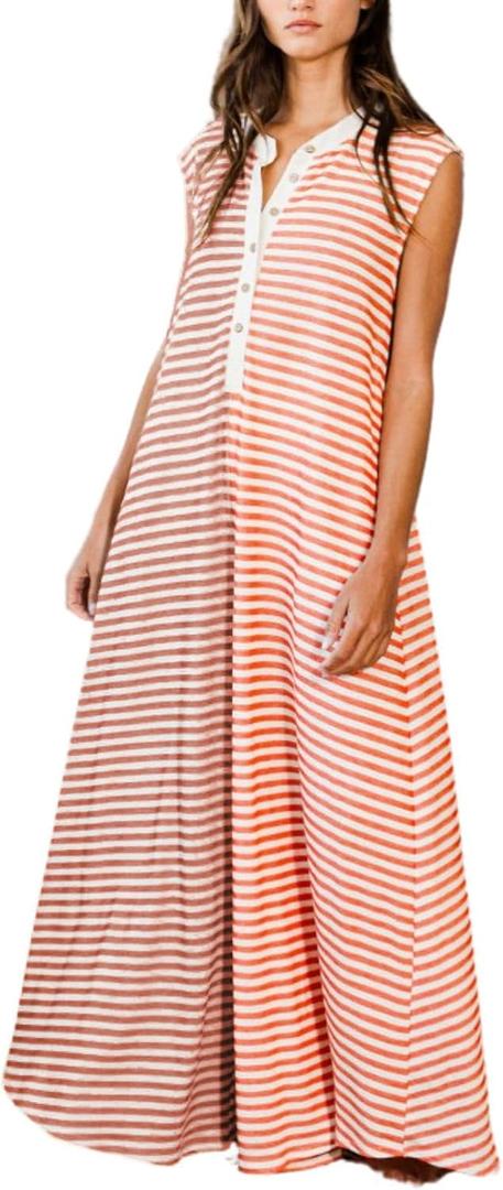 Women Casual Striped Sleeveless Tank Jumpsuits Color Block Wide Leg Romper Comfy Button Down Rompers (Small, Orange)