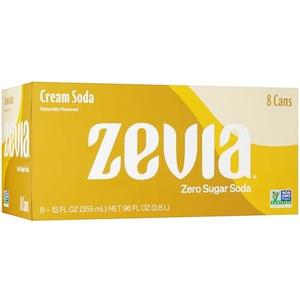 Zevia Zero Sugar Soda, Cream Soda, 12 oz Cans (8-Pack) – Naturally Sweetened, Non-GMO Project Verified, Gluten-Free, Vegan, Best By Date: 02/21/27