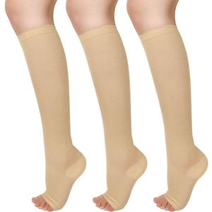 3 Pairs Open Toe Compression Socks Women Knee High Toeless 15-25 mmHg