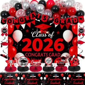 Red and Black Graduation Decorations 2026, Graduation Party Decorations with Congrats Grad Banner Class of 2026 Backdrop Balloons Honeycomb Centerpiece Tablecloth Hanging Swirls for Kindergarten