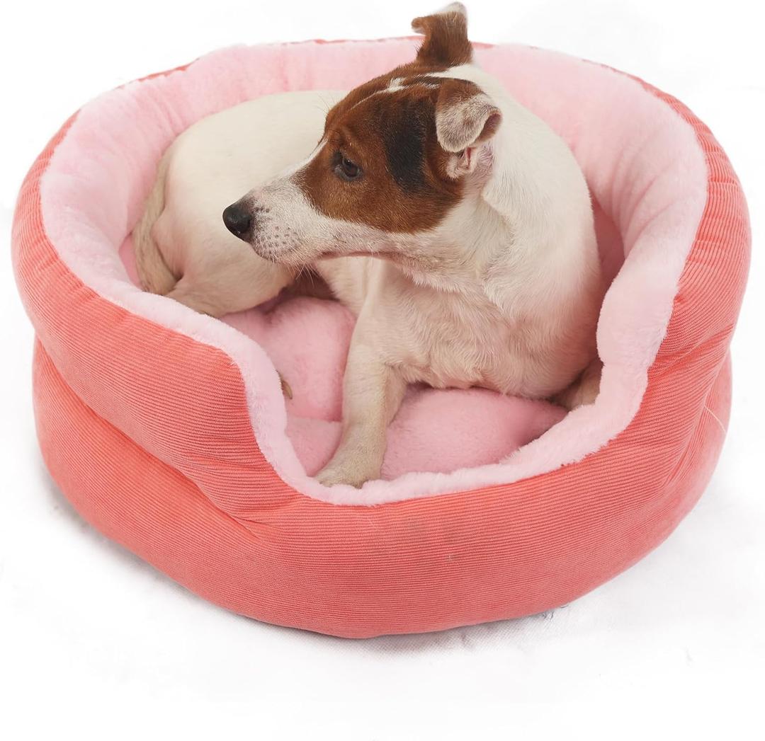 Small Washable Dog Bed with Sides Round Calming Anti Anxiety Pink Princess Puppy Bed 19 Inch