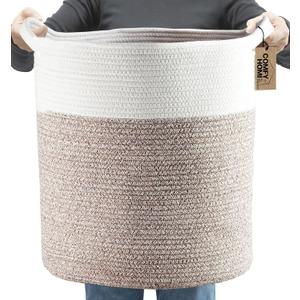 COMFY-HOMI XXL Large Laundry Basket with Handles Blanket Baskets Living Room|Woven Cotton Rope Decorative Basket Laundry Hamper Baby Basket Nursery Dog Toy Storage Organizer Bin-16x18-White Brown