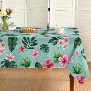 Horaldaily Summer Tablecloth 60x84 Inch Rectangular, Tropical Flowers Monstera Green Washable Seasonal Table Cover for Party Picnic Dinner Decor