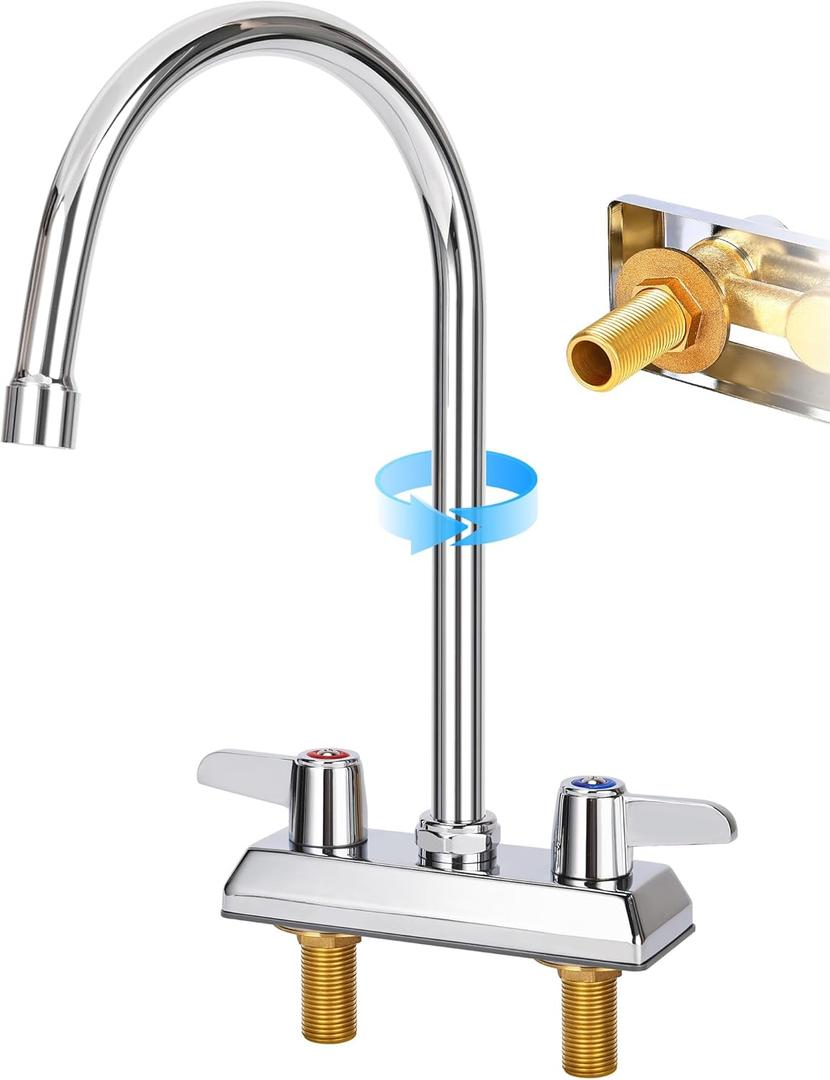 Commercial Bar Sink Faucet,4 Inch Center Deck Mount Utility Sink Faucet 2 Hole Brass Constructed,Chrome Polished with 7" Gooseneck Spout and 90Rotatable Dual Lever Handles.