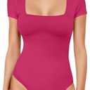 YOGINGO Bodysuit for Women Thong Short Sleeve Basic Women Clothing Square Neck Tops Summer Fashion Onesies, Small, Set of 2