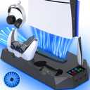 PS5/Slim/Pro Cooling Station with Controller Charging Station for PlayStation 5 Slim/Pro Console, PS5 Cooling Stand Cooler Accessories Incl Cooling Fan, 3 USB Hubs, Headset Holder, Screw - Black