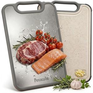 Titanium Cutting Board for Kitchen, 15.4"x10.4" Dual-Sided Chopping Board, Scratch-Resistant, Dishwasher Safe, with Juice Groove & Garlic Grinding, Non-Slip Edges, Straw Wheat PP & Titanium (Gray)