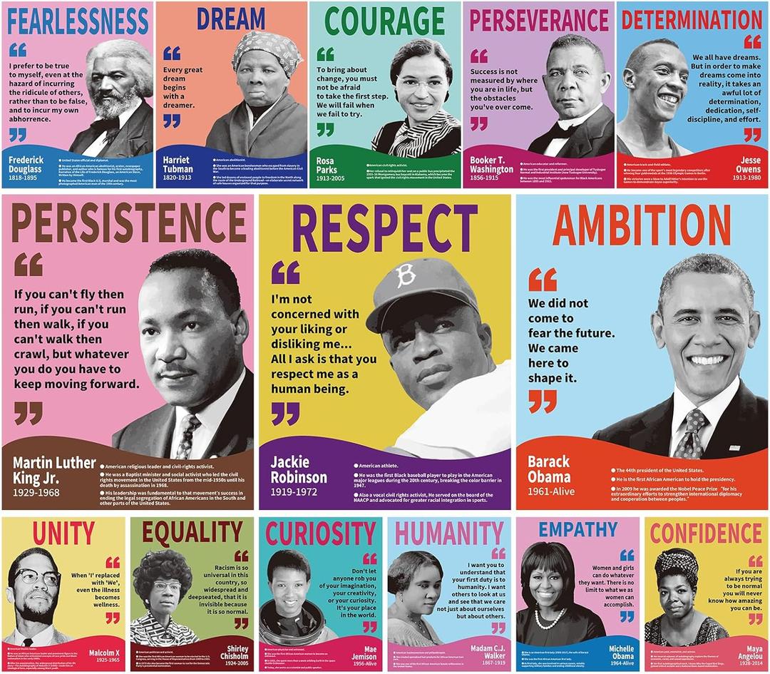 Arosche Black History Month Decorations - 14pc Motivational Posters with Famous African American Inspirational Quotes for Home, School, Classroom, Bulletin Board, Wall, Hallway Decor