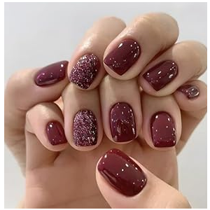 Bellelfin Burgundy Press on Nails Christmas, 24pcs Red Press on Nails Short Square with Glitter Design for Christmas, Glossy Full Cover Acrylic Fake Nails for Women
