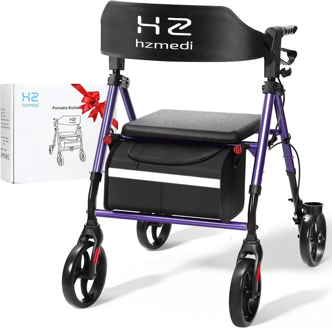 Walkers for Seniors, Foldable Rollator Walker with Durable Aluminum, Dual Adjustable Height Medical Rolling Walker 8" Wheels for All Terrain, Transport Chair with Seat and Backrest, Purple